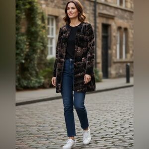 Elie Tahari Black and Brown Patterned Open Coatigan